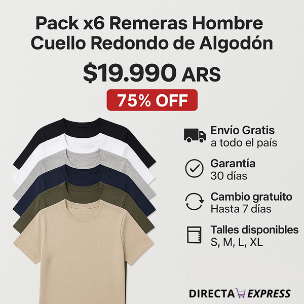 Pack x6 Remeras Hombre Cuello Redondo de Algodón
